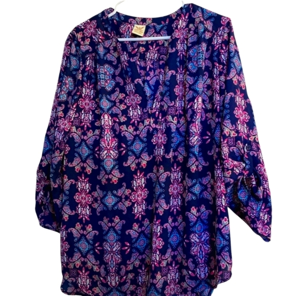 Faded Glory Blouse XXL (20) button sleeve teal, pink, blue, white - Picture 1 of 7